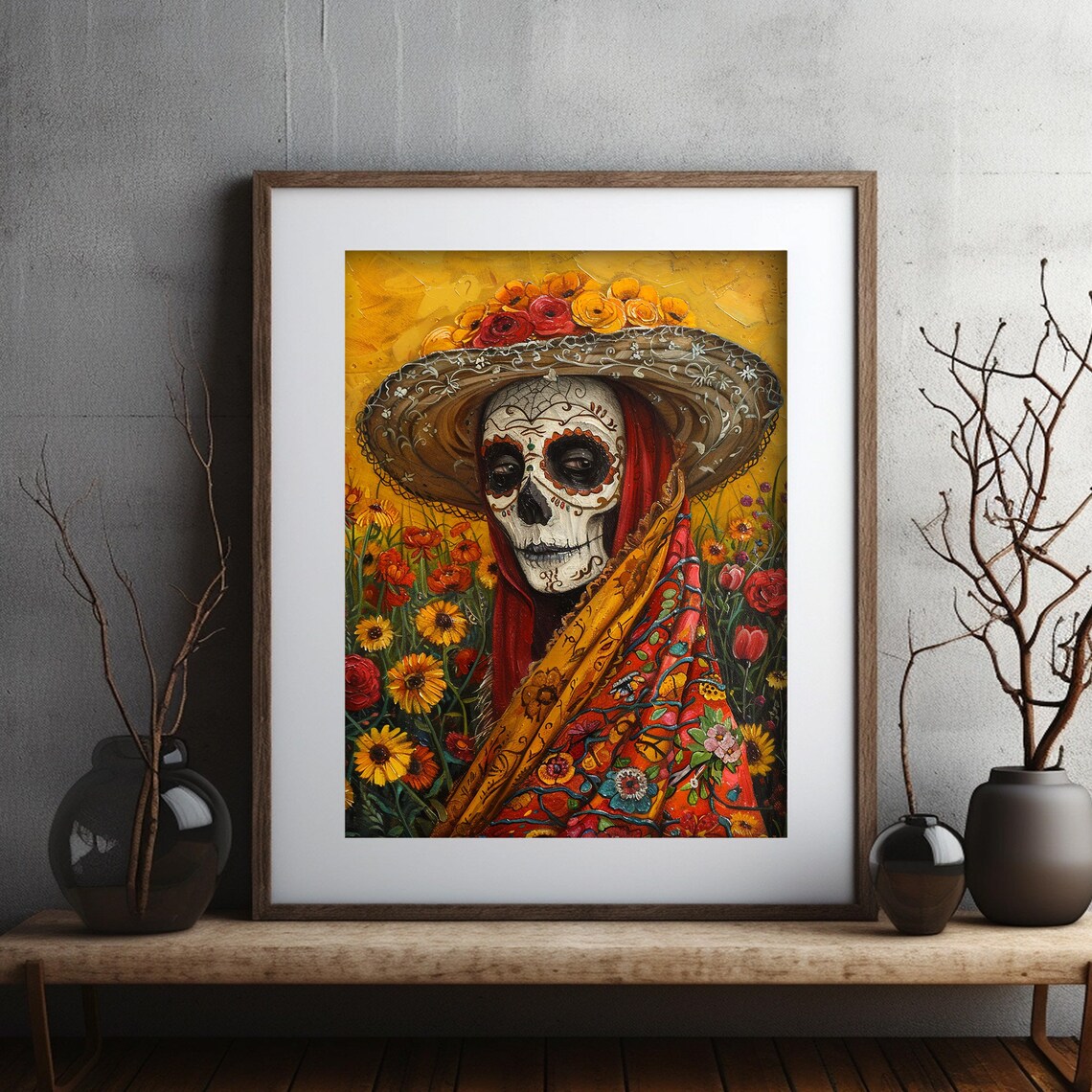 Catrina Sugar Skull Straw Hat Marigold Field Folk Art Poster - Image 2