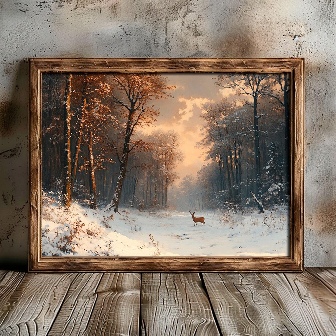 Lone Deer In Snowy Forest Clearing At Golden Dusk Winter Wall Art - Image 5