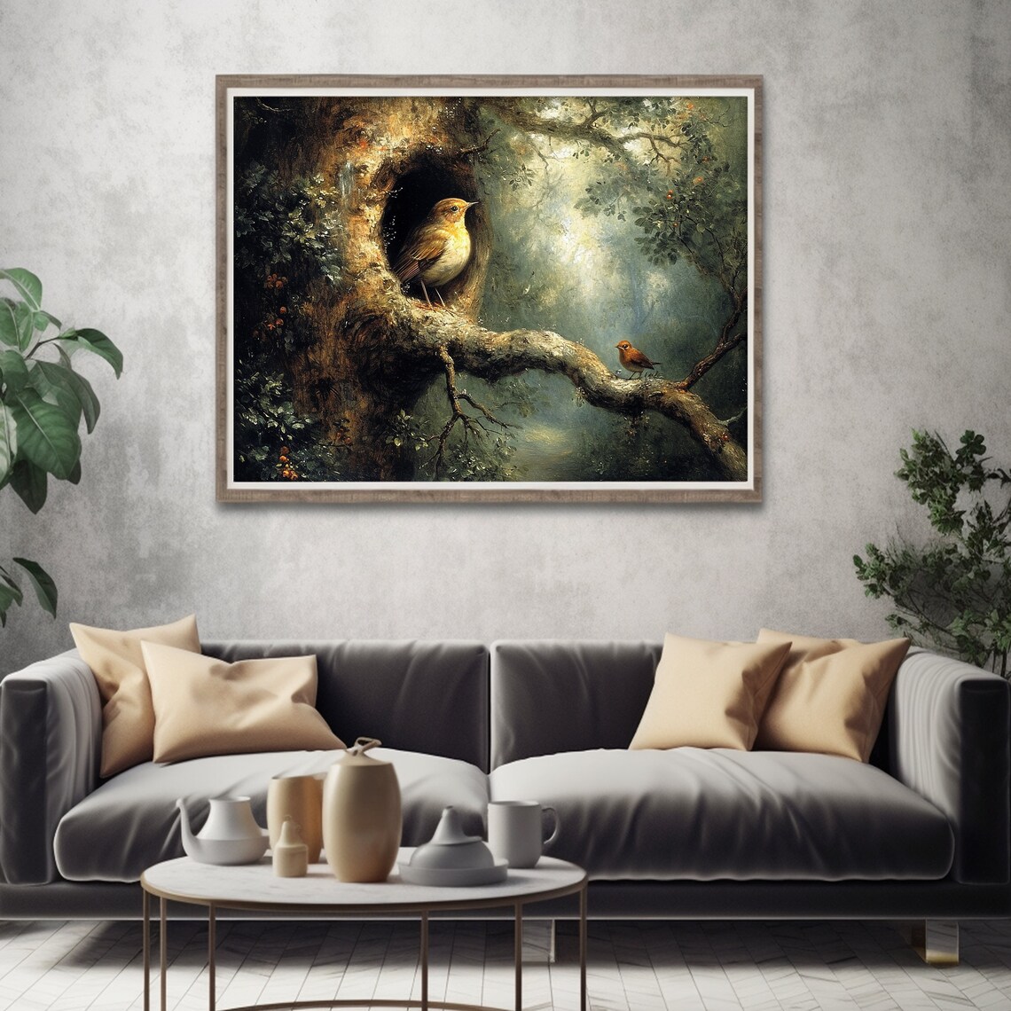 Rustic Bird On Tree Hollow Antique Forest Print - Image 4