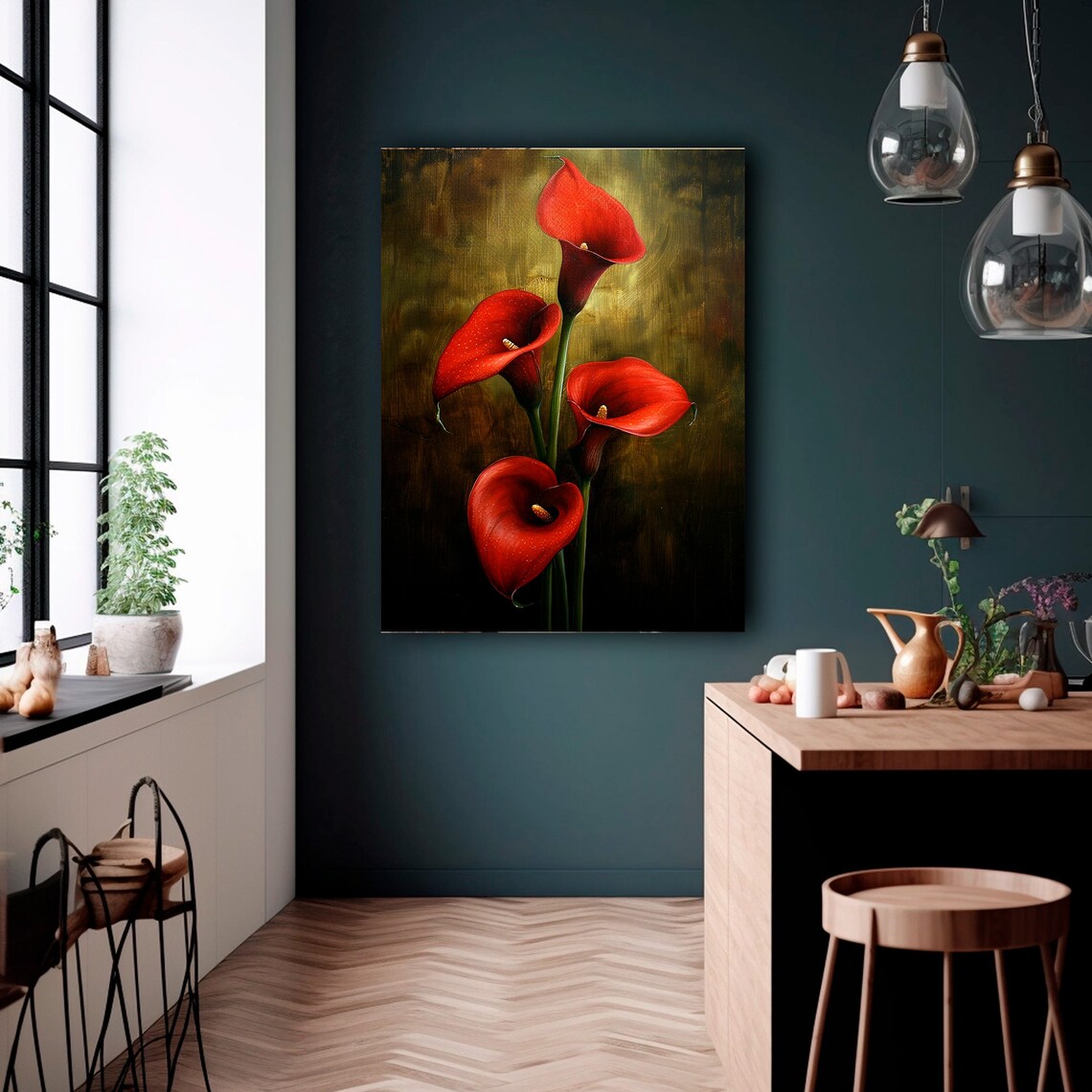 Bold Red Calla Lilies Quartet Moody Dark Floral Painting Poster - Image 5