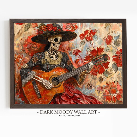Catrina Skeleton Playing Guitar Day Of The Dead Mexican Art Poster