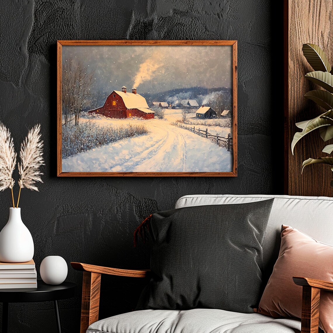 Winter Village Red Barn Art Print, Rustic Scene - Image 2