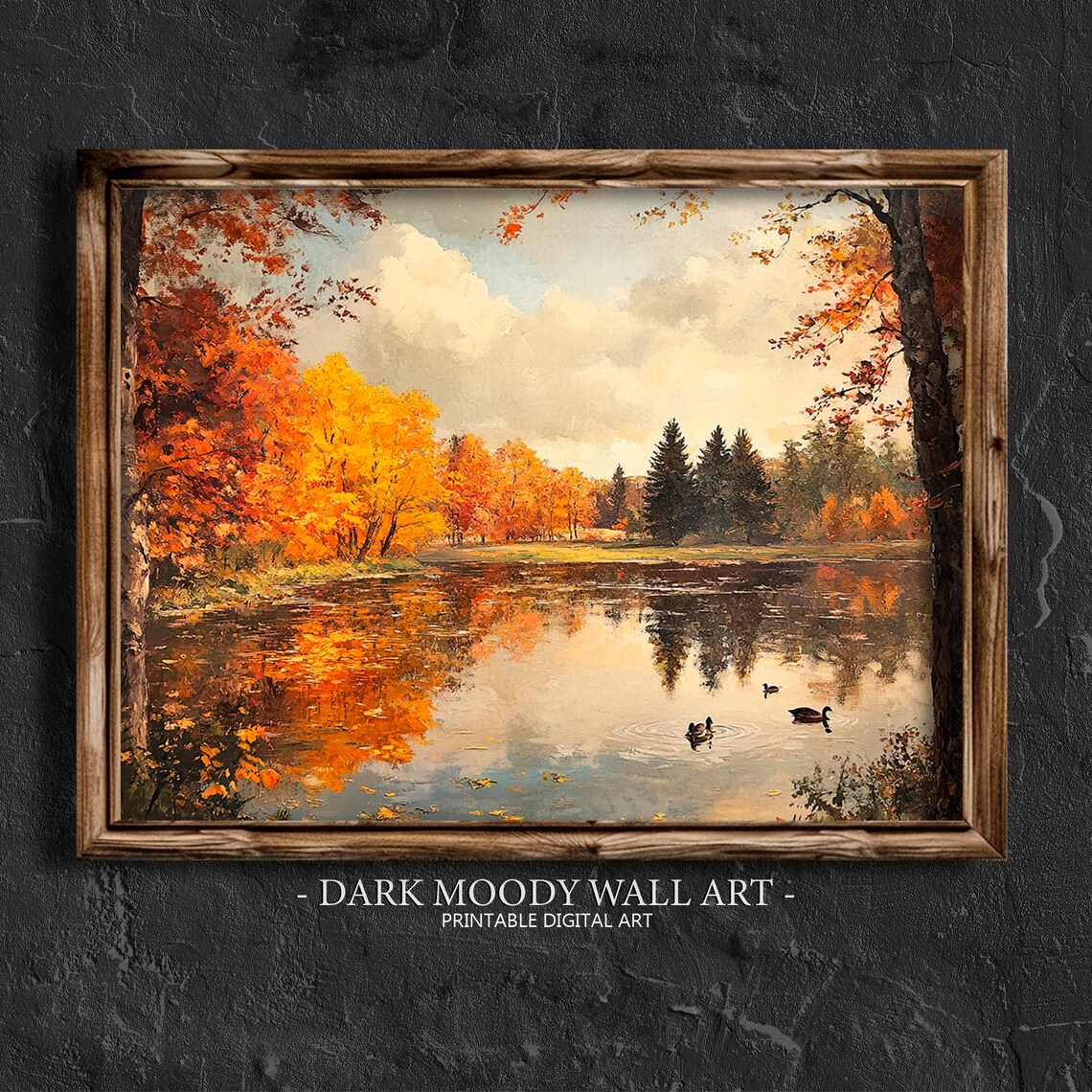 Autumn Lake With Ducks Fiery Fall Foliage Reflection Landscape Painting Poster