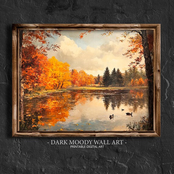 Autumn Lake With Ducks Fiery Fall Foliage Reflection Landscape Painting Poster