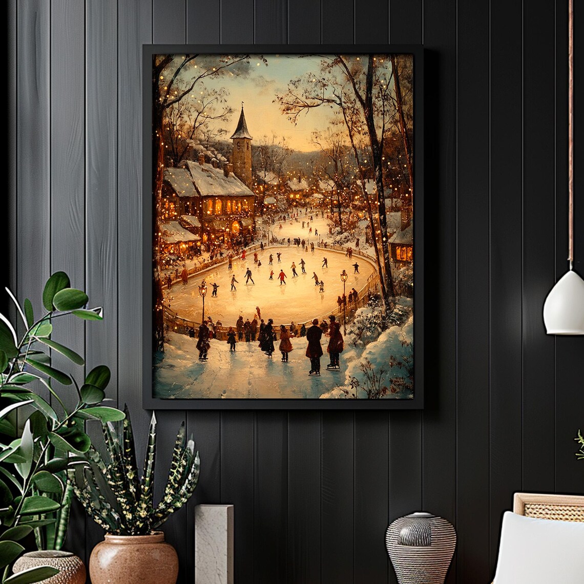 Village Ice Rink Skaters Dusk Crowds Winter Vintage Painting Poster - Image 2