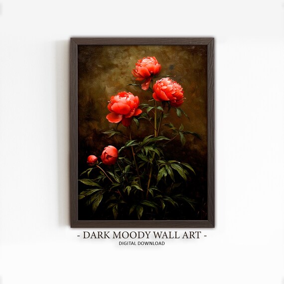 Red Peony Blossoms Dark Moody Vintage Botanical Artwork Poster