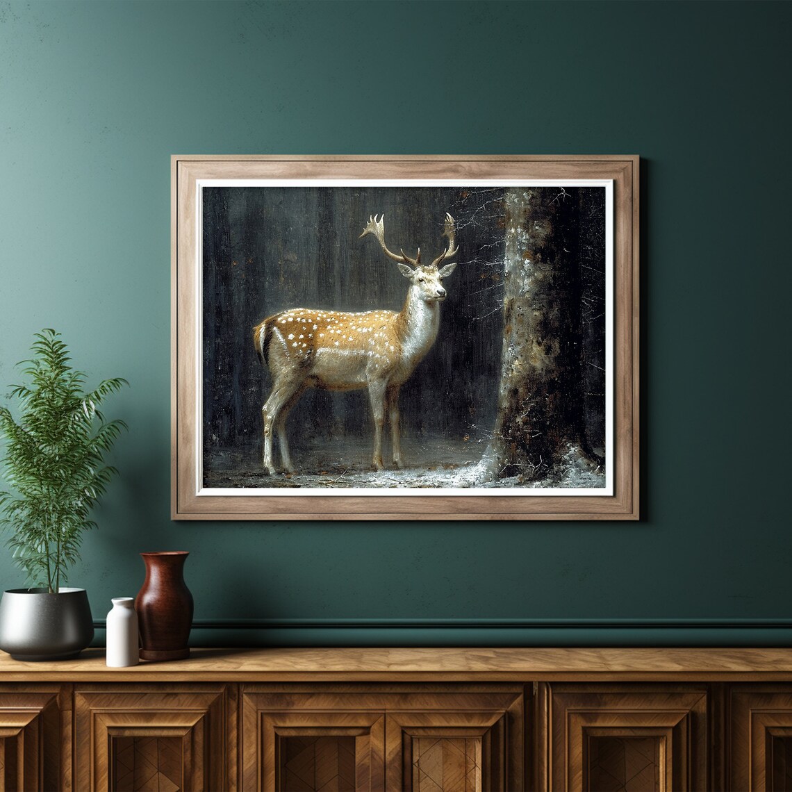Fallow Deer Stag With Antlers in Dark Winter Forest Moody Wildlife Painting Poster - Image 5