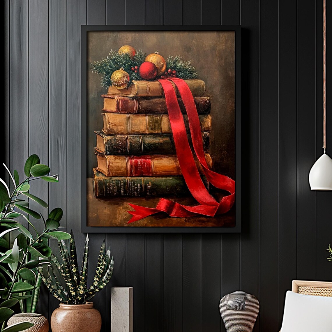 Vintage Books Red Ribbon Christmas Ornaments Pine Still Life Poster - Image 6