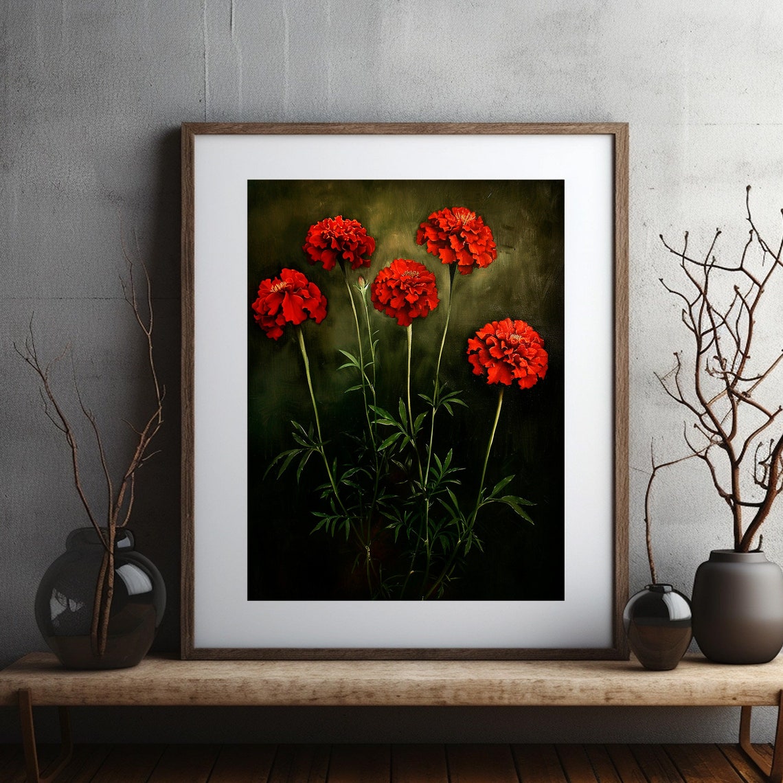 Red Marigold Blossoms Dark Moody Vintage Flower Artwork Poster - Image 2