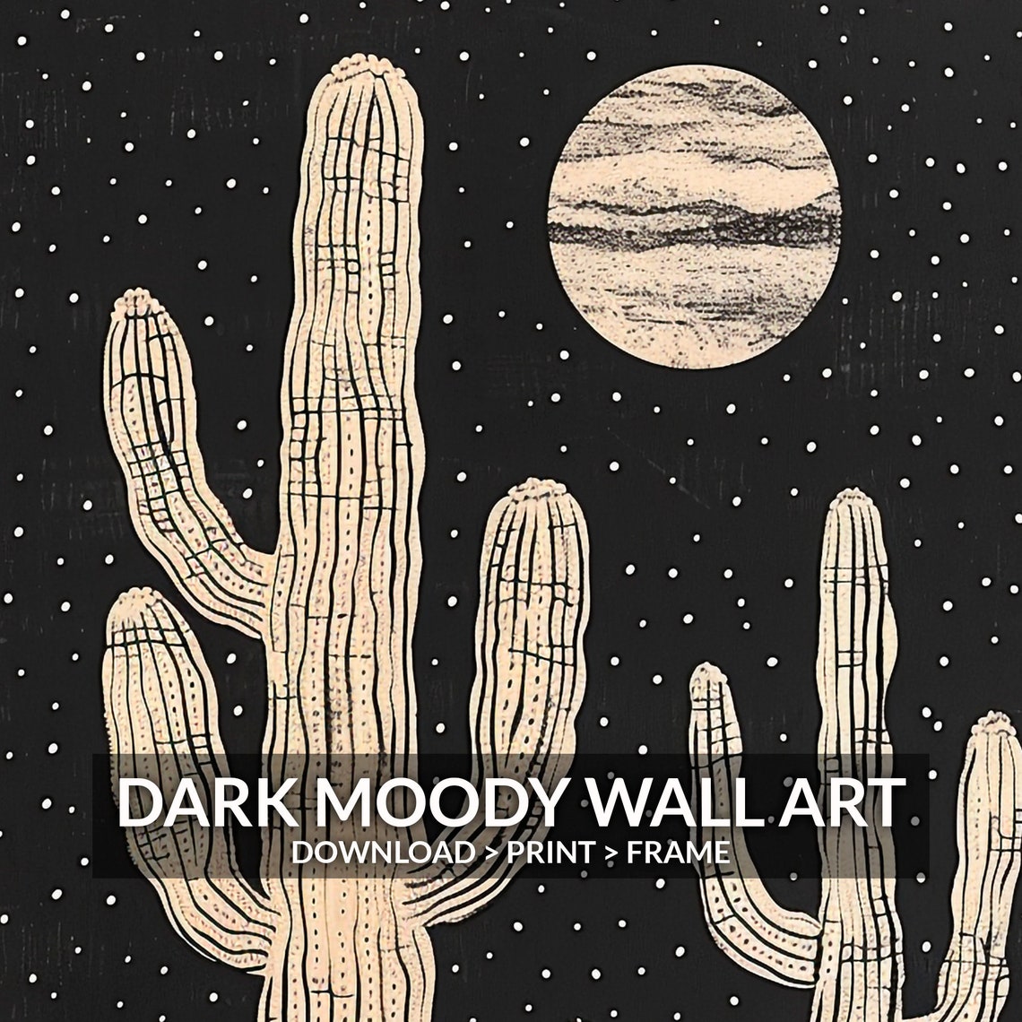 Saguaro Cactus Moon Night Line Art Black Background Desert Wall Art - Image 5