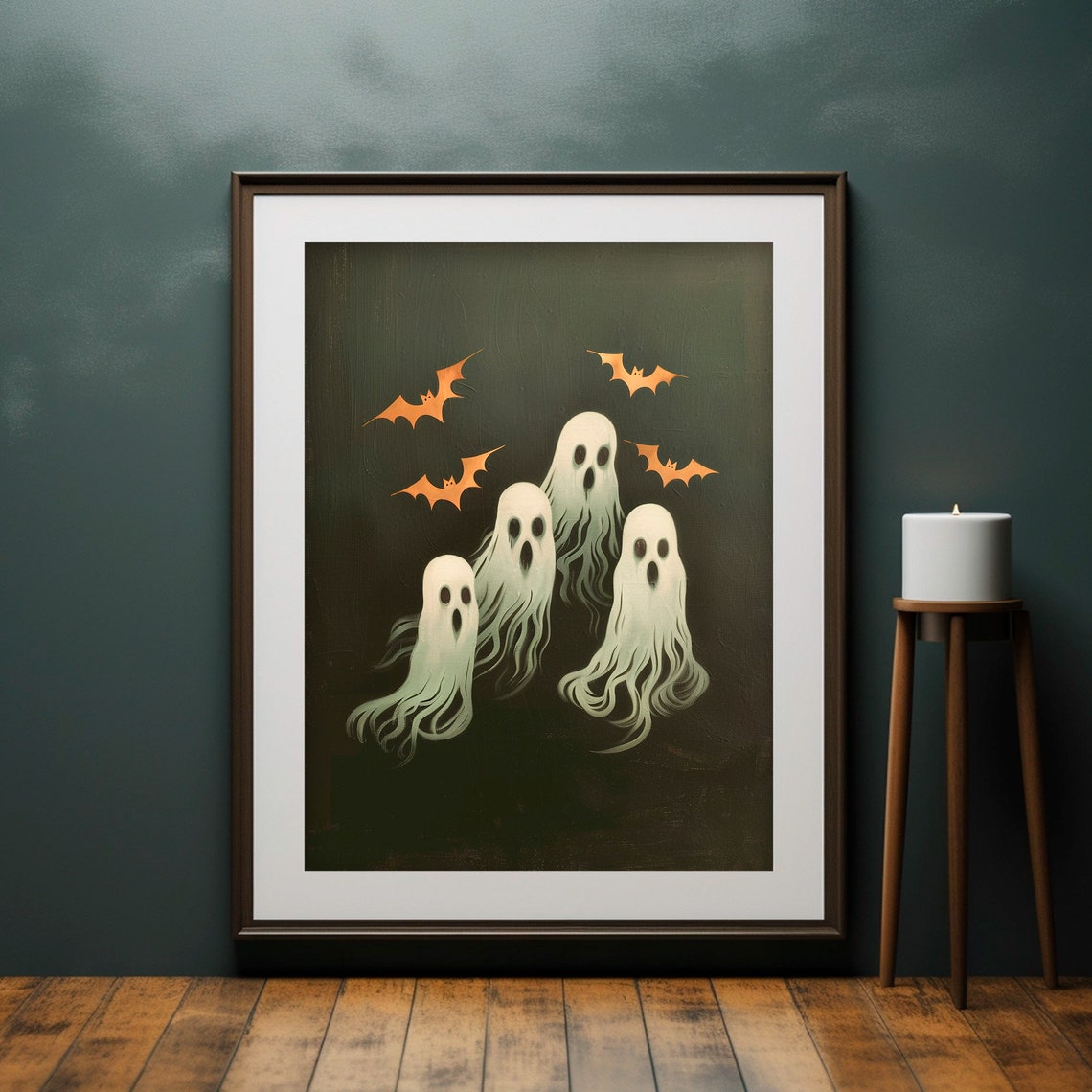 Four Ghosts Orange Bats Dark Green Halloween Painting Vintage Poster - Image 2