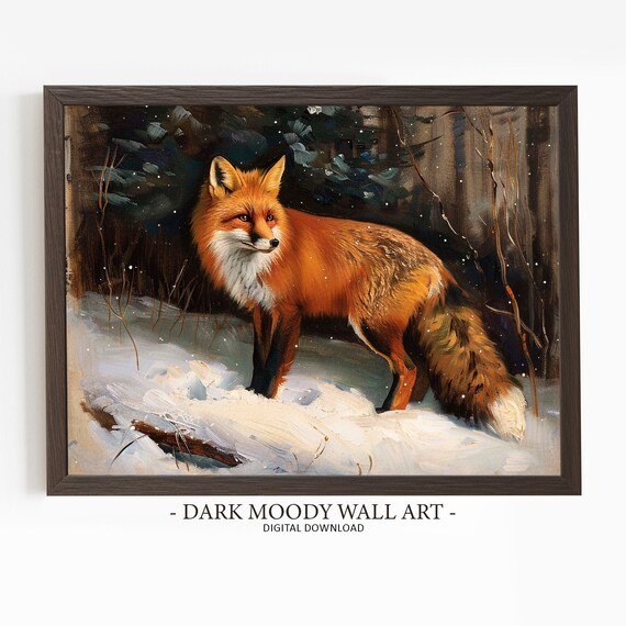 Red Fox Standing In Snow Winter Forest Wildlife Oil Painting Poster