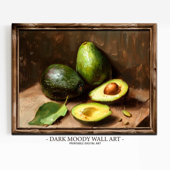 Moody Avocado Print Kitchen Wall Decor Dark Still Life Painting Rustic Farmhouse Vegetable Wall Art
