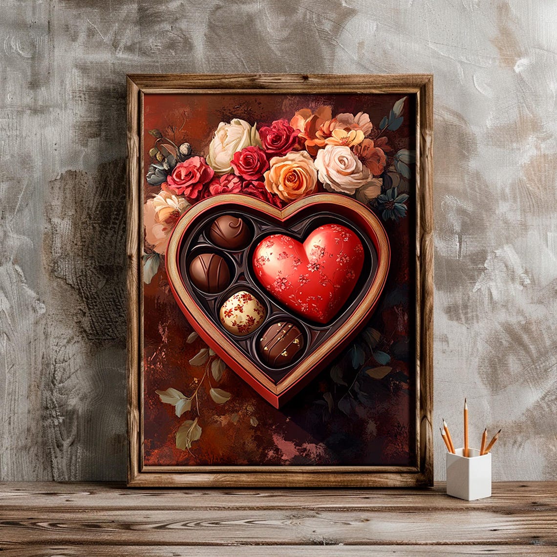 Heart Shaped Chocolate Box With Roses Vintage Valentines Day Wall Art - Image 4