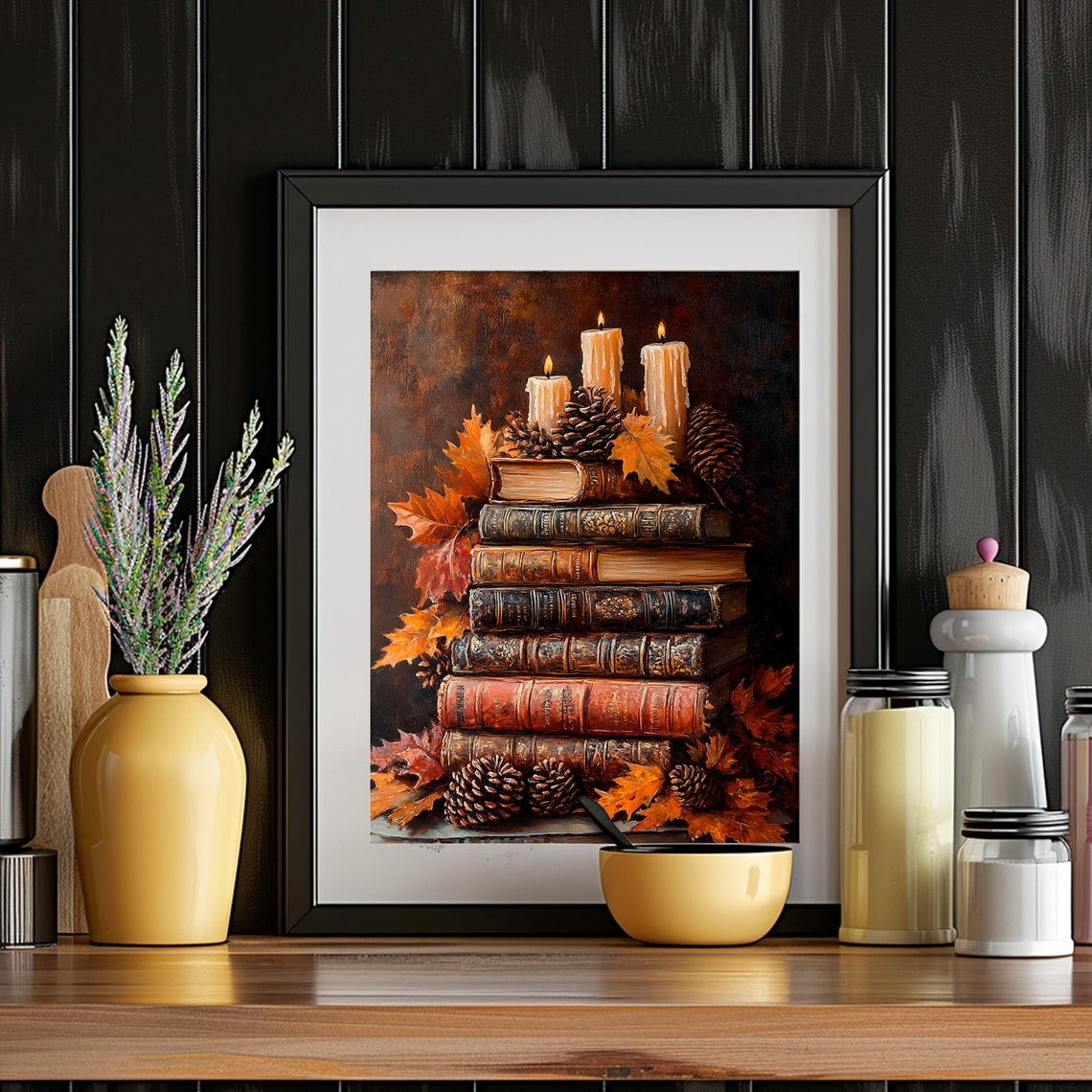 Vintage Books Three Candles Autumn Pinecones Moody Still Life Poster - Image 4