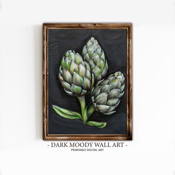 Moody Artichoke Print Kitchen Wall Decor Dark Still Life Painting Rustic Farmhouse Vegetable Wall Art