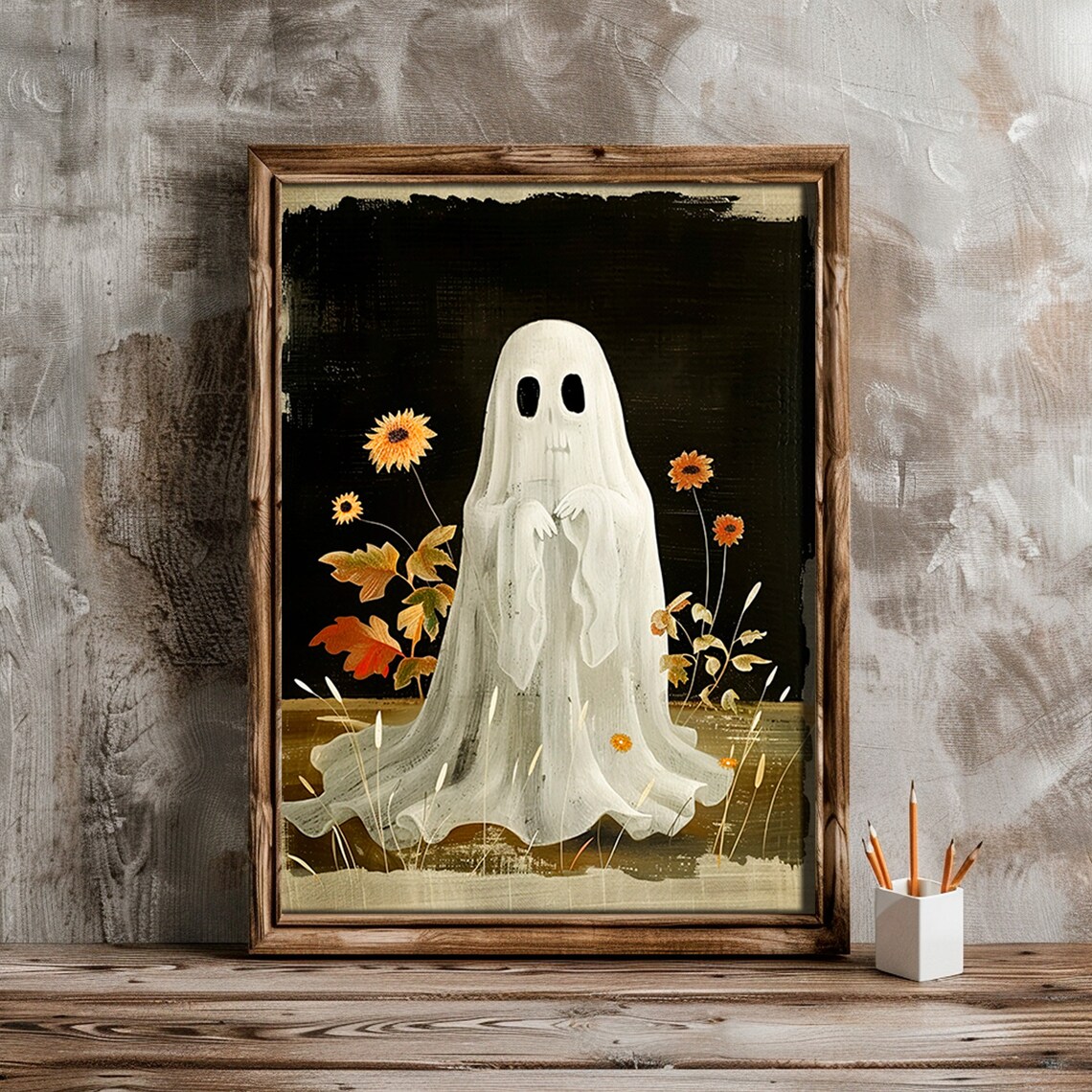 Ghost Among Sunflowers Autumn Painting Dark Background Floral Poster - Image 2