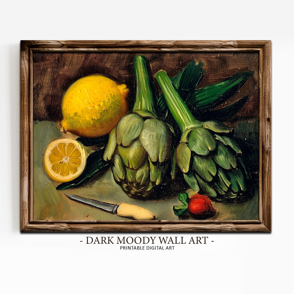 Artichoke Lemon Still Life Vintage Oil Painting Knife Rustic Poster