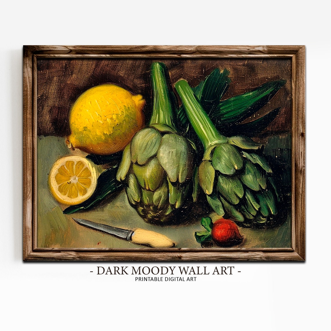 Moody Artichoke Lemon Print Kitchen Wall Decor Dark Still Life Painting Rustic Farmhouse Vegetable Wall Art