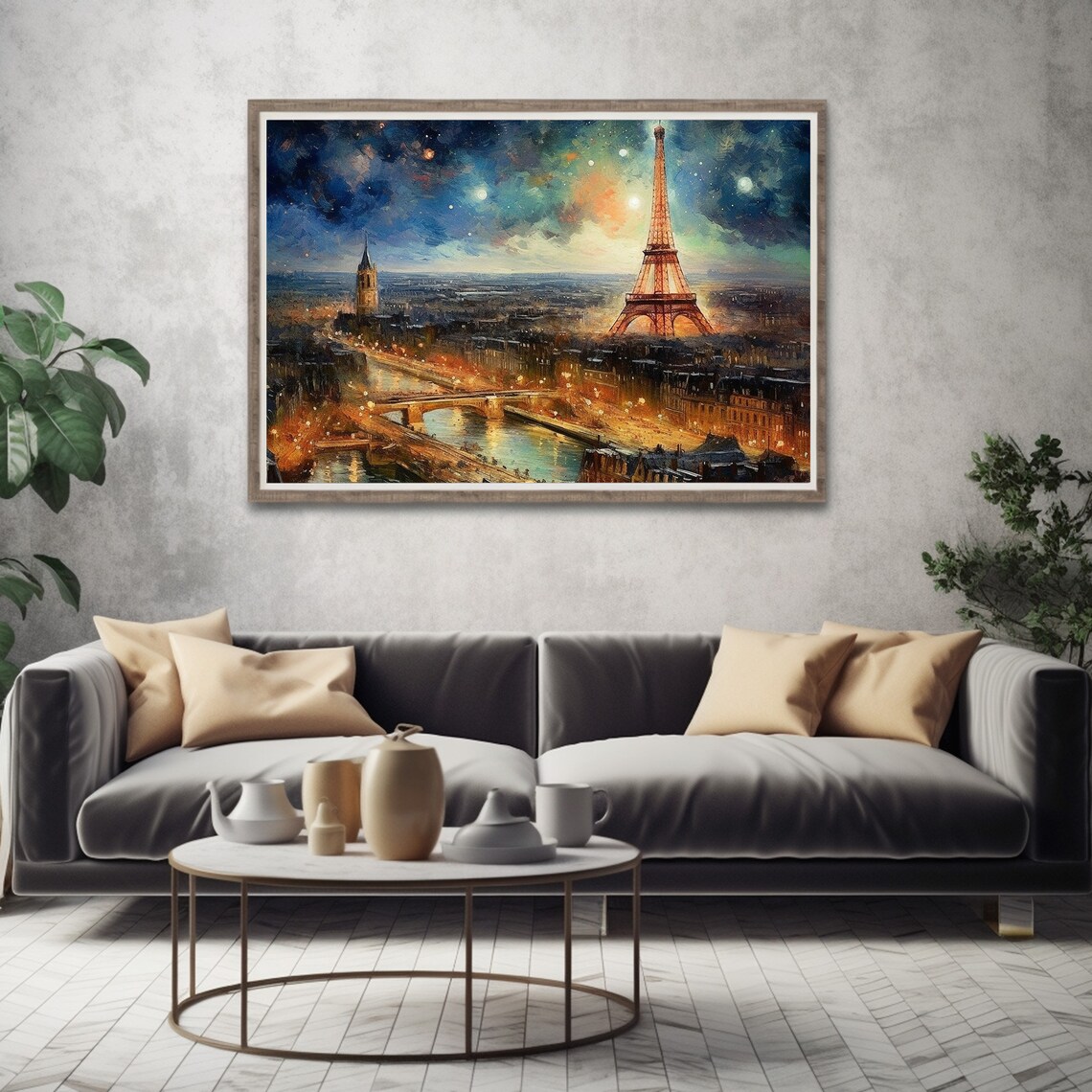 Paris Night Eiffel Tower Cityscape Starry Sky Painting Poster - Image 6