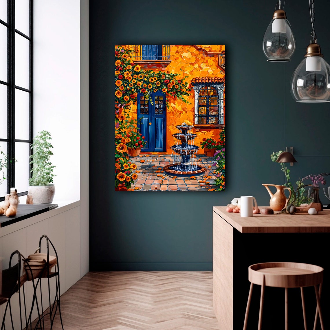 Golden Mexican Courtyard Fountain Blue Door Sunflowers Art Print - Image 2