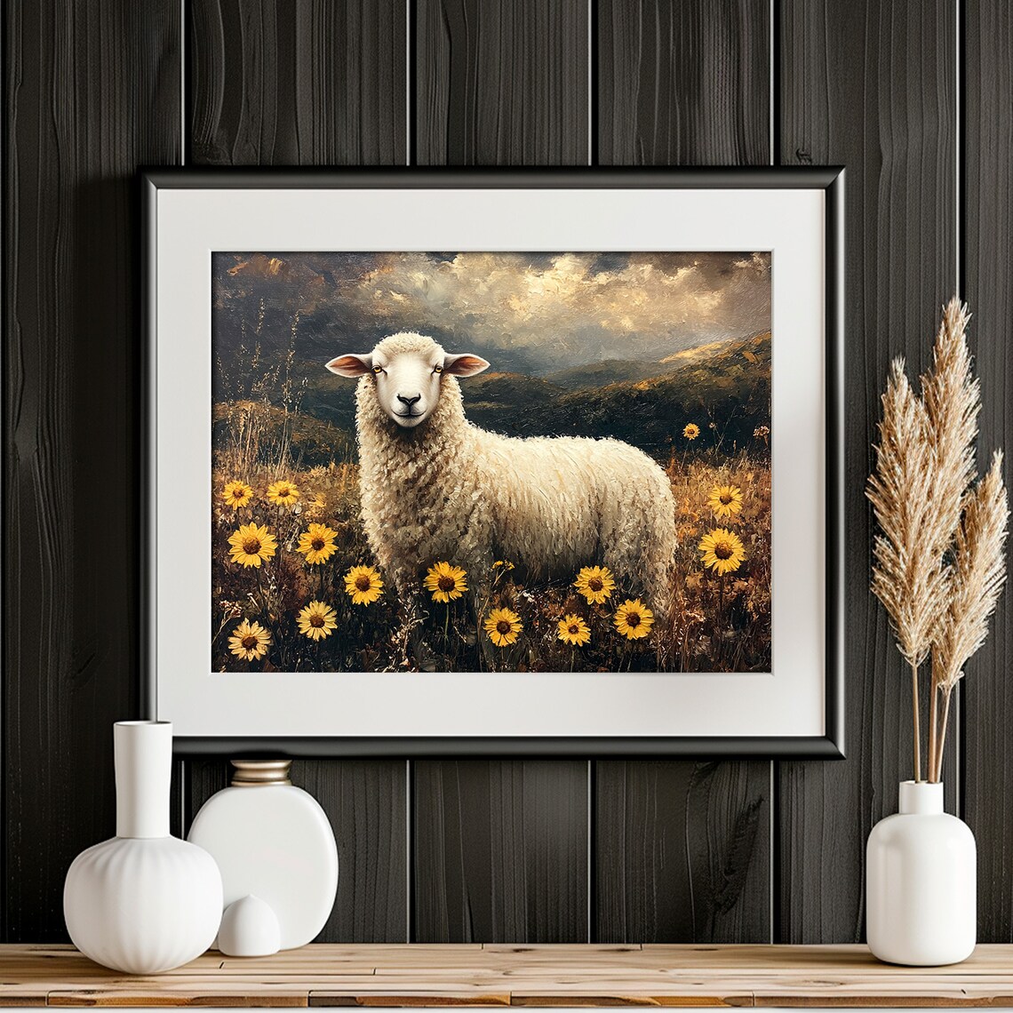 Rustic Sheep Wall Art, Moody Field Landscape Print - Image 2
