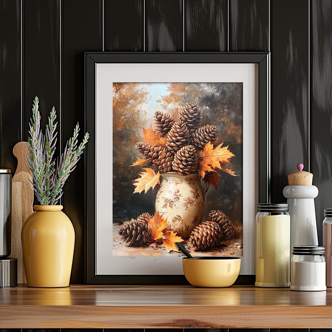 Pinecone Bouquet Fall Leaves Vintage Vase Still Life Wall Art - Image 4