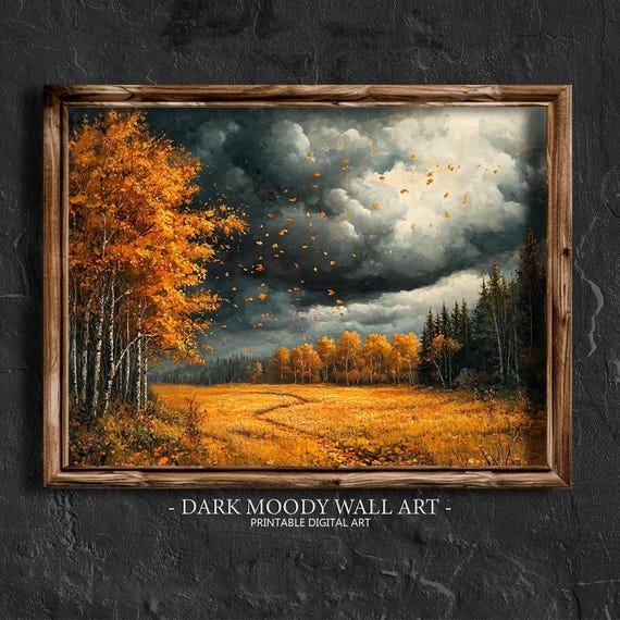 Dark Moody Fall Forest Wall Art Autumn Landscape Painting Vintage Golden Autumn Wall Art Fall Prints Farmhouse Decor