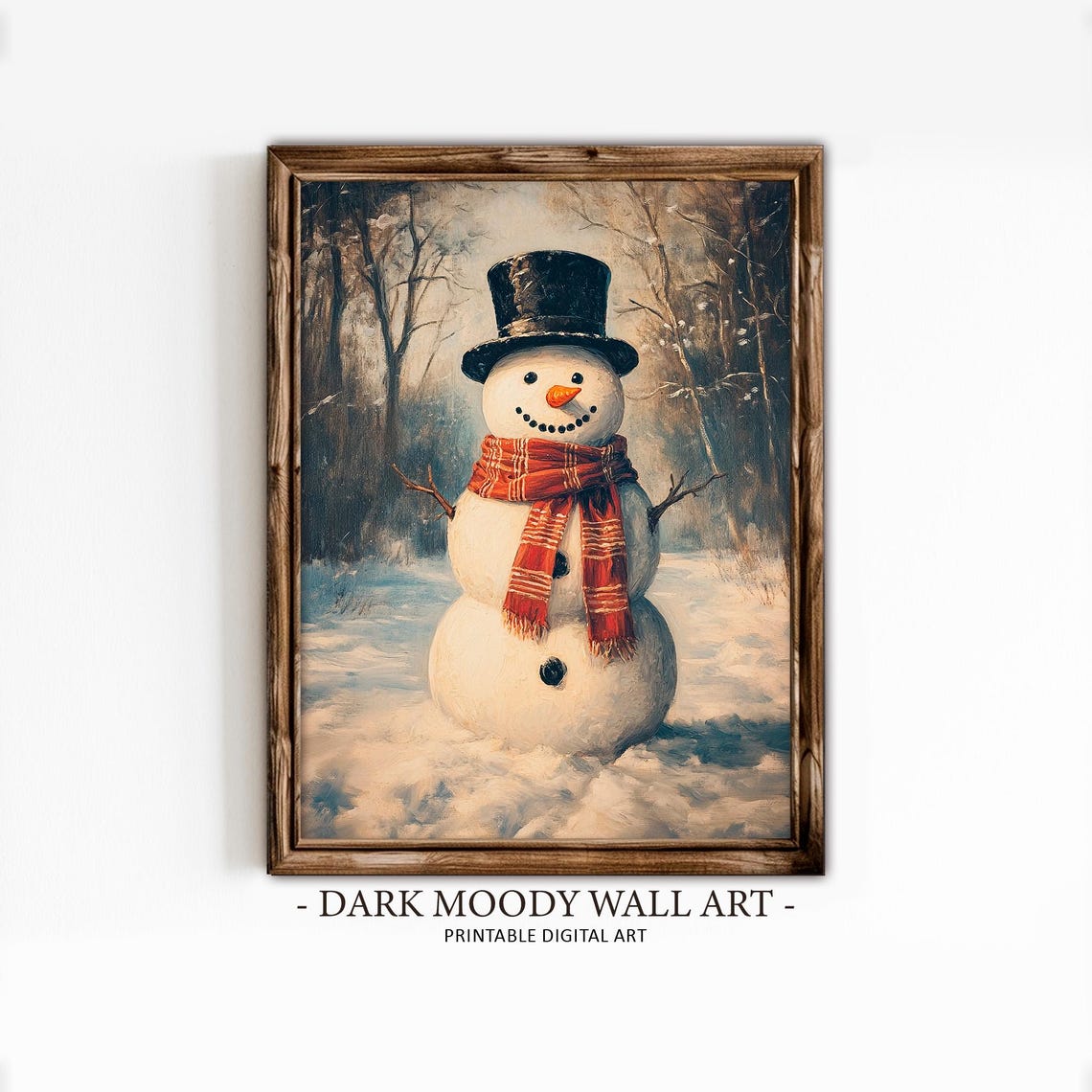 Snowman Top Hat Red Plaid Scarf Snowy Forest Christmas Poster