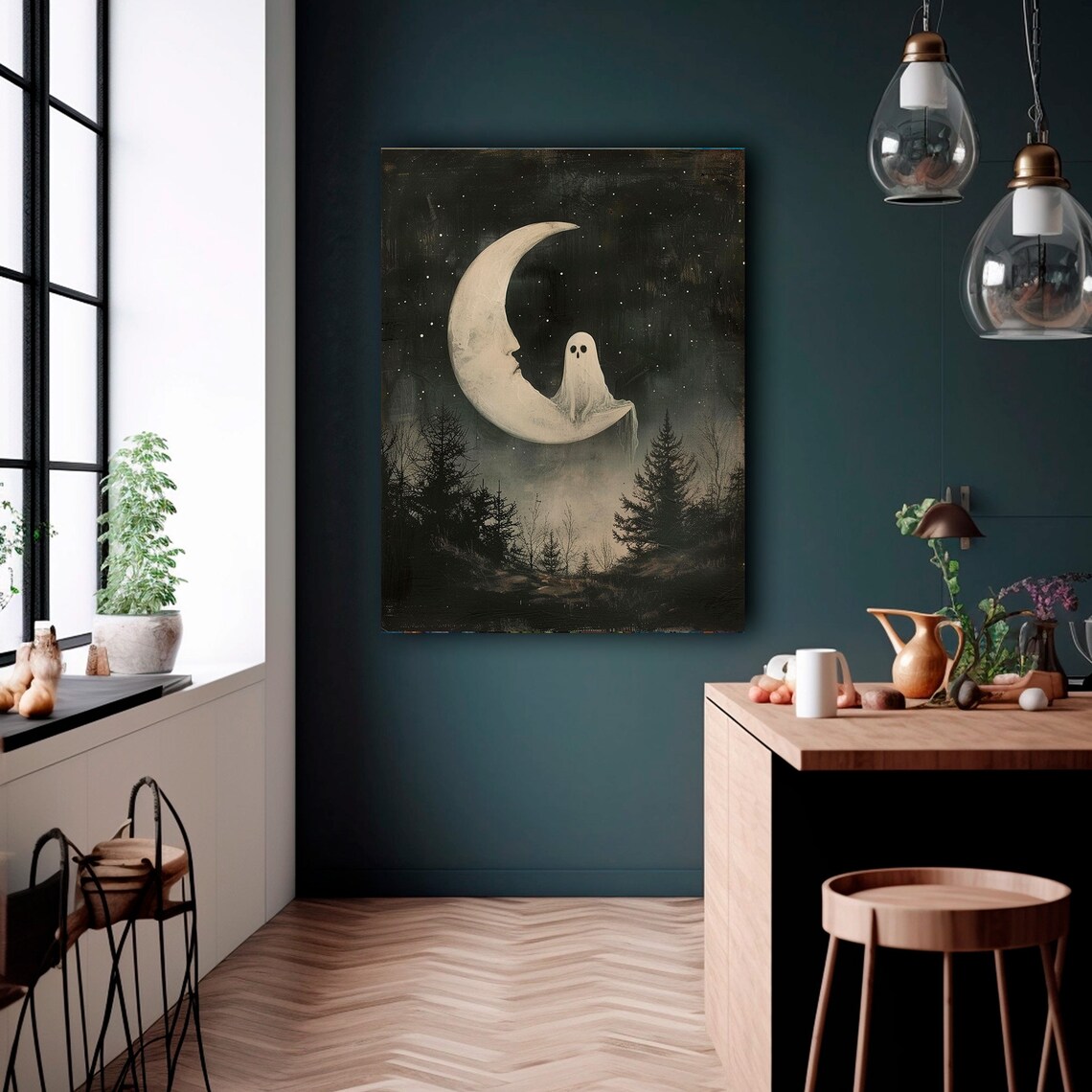 Halloween Moon Ghost Art Print, Gothic Cottagecore Decor - Image 2
