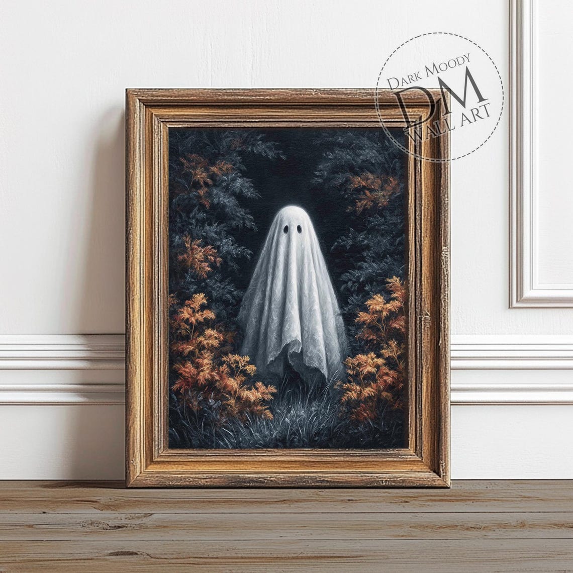 Cute Ghost in Dark Autumn Forest with Falling Leaves Halloween Poster