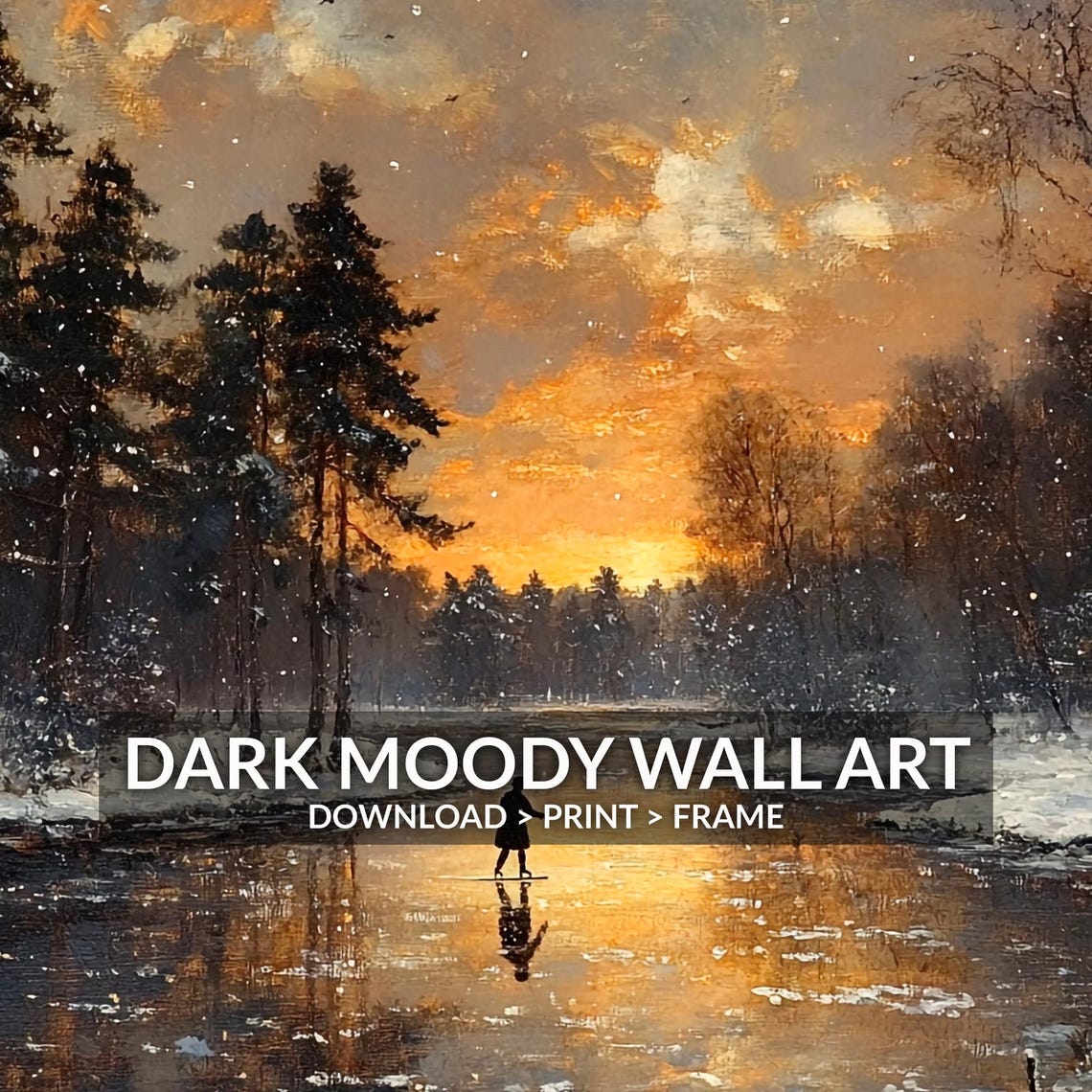 Winter Sunset Frozen River Lone Skater Landscape Painting Poster - Image 6