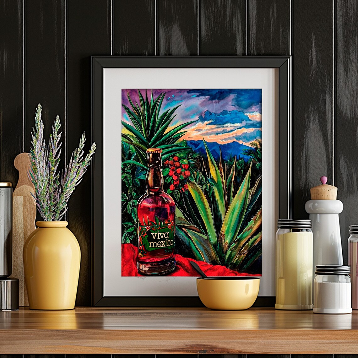 Viva Mexico Tequila Bottle Agave Field Sunset Colorful Art Poster - Image 2