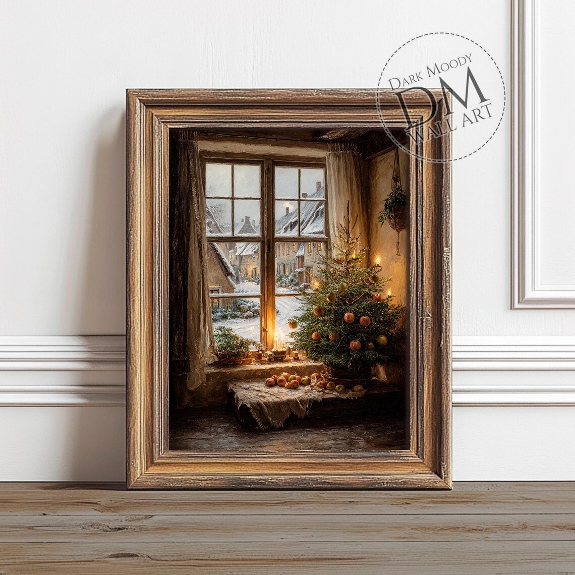 Christmas Tree by a Frosty Window Snowy Village Moody Holiday Poster