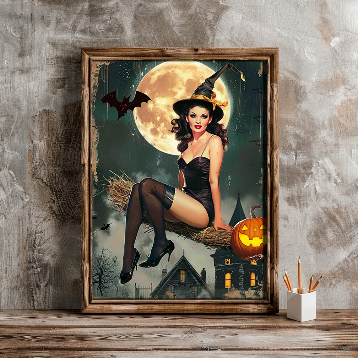 Pin Up Witch Broomstick Full Moon Haunted House Vintage Art Print - Image 4