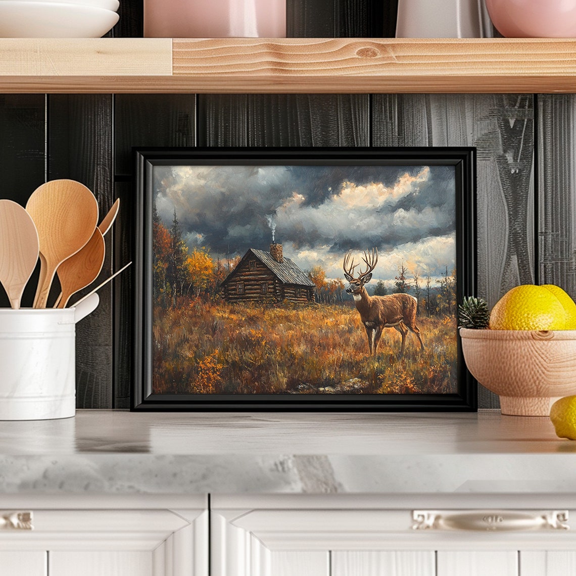 Rustic Deer Print Moody Landscape Painting Dark Cottagecore Print Vintage Farmhouse Wall Decor Fall Deer Painting - Image 6