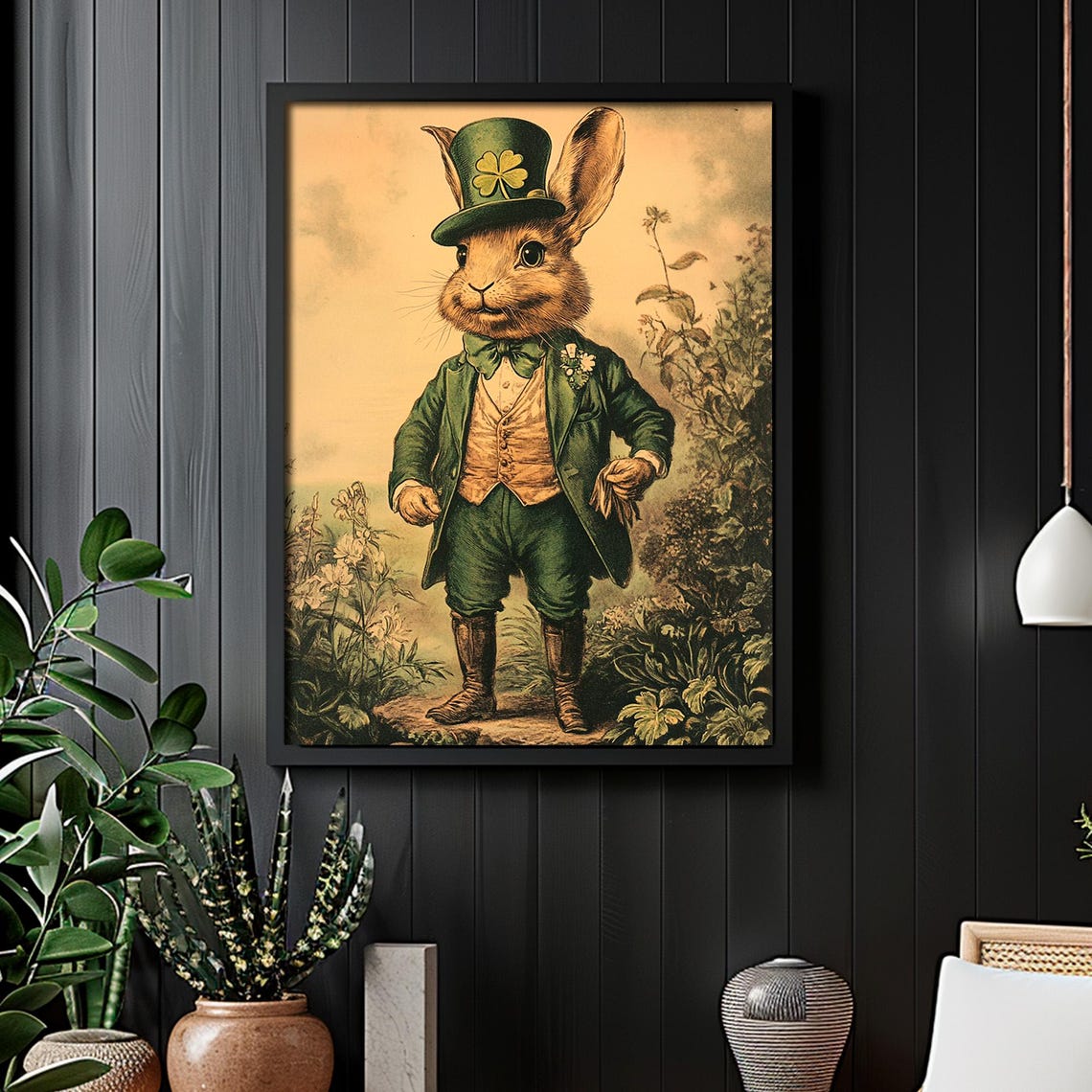 Dapper Rabbit In Green Suit Top Hat Shamrock St Patricks Day Wall Art - Image 5