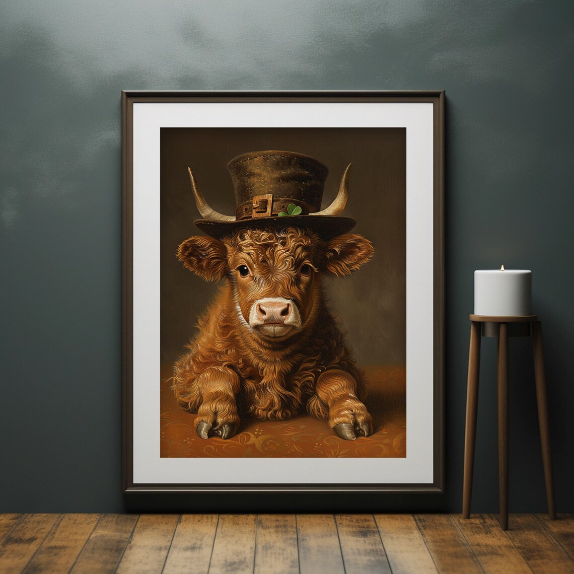 Baby Highland Cow Wearing Tall Top Hat With Shamrock Cute Irish Painting Poster - Image 4