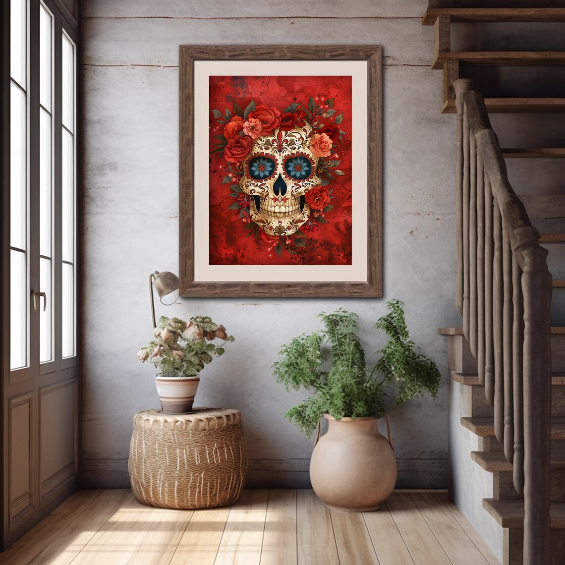 Red Floral Sugar Skull Dia De Los Muertos Mexican Folk Art Poster - Image 5