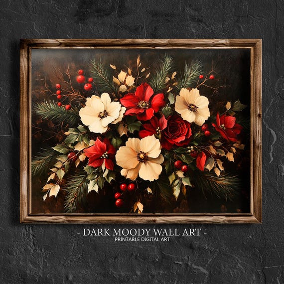 Vintage Christmas Print Antique Flowers Wall Art Floral Dark Moody Wall Art
