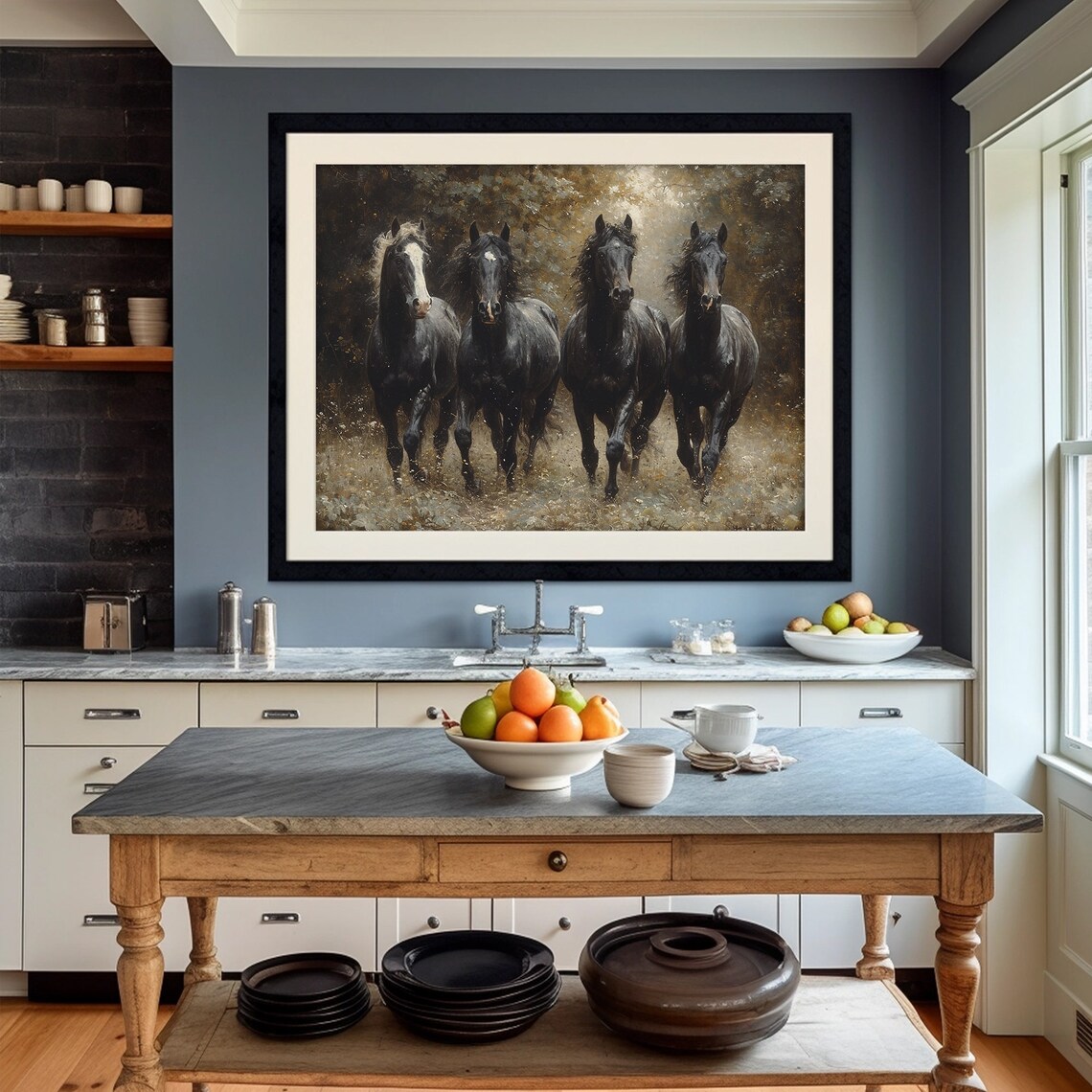 Four Black Horses Herd Dark Moody Equestrian Oil Painting Poster - Image 3