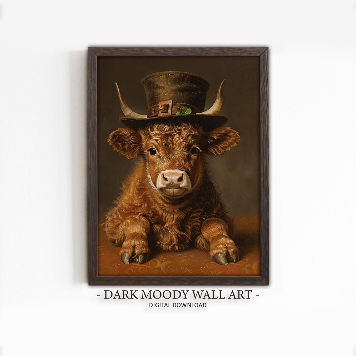 Baby Highland Cow Wearing Tall Top Hat With Shamrock Cute Irish Painting Poster