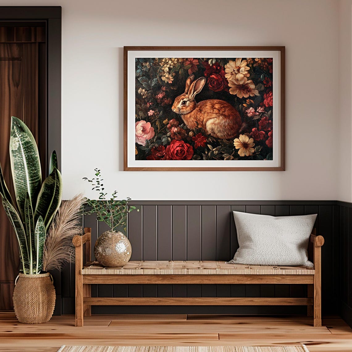Brown Rabbit Among Dark Red Roses Vintage Floral Bunny Wall Art - Image 2