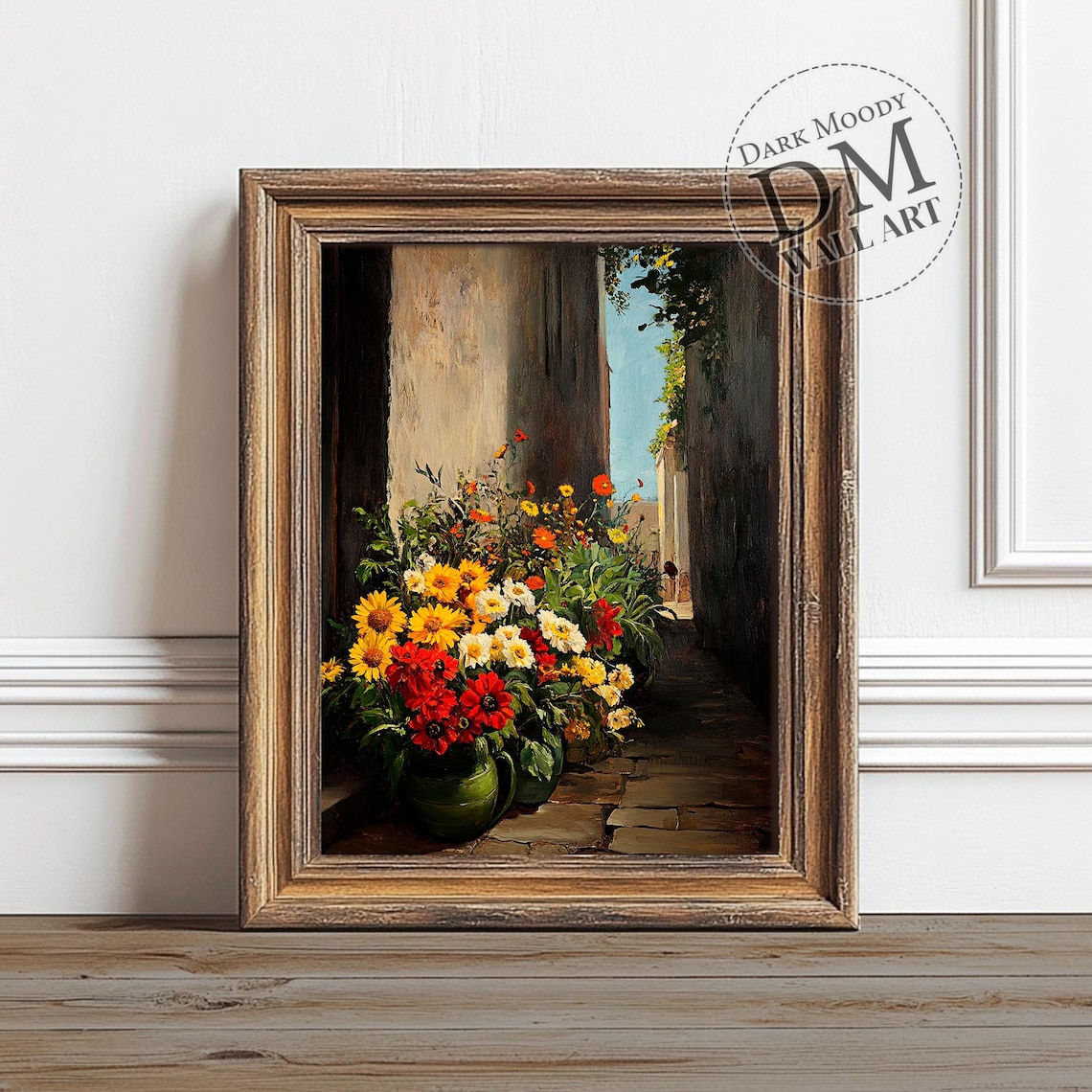 Flower Pots Daisy Blossom Old Stone Alley Dark Moody Oil Art Poster