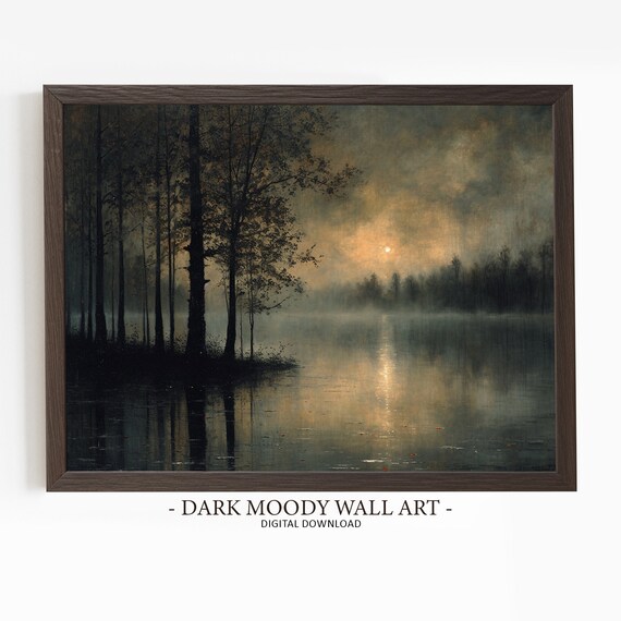 Moody Lake At Dusk Forest Landscape Art Print