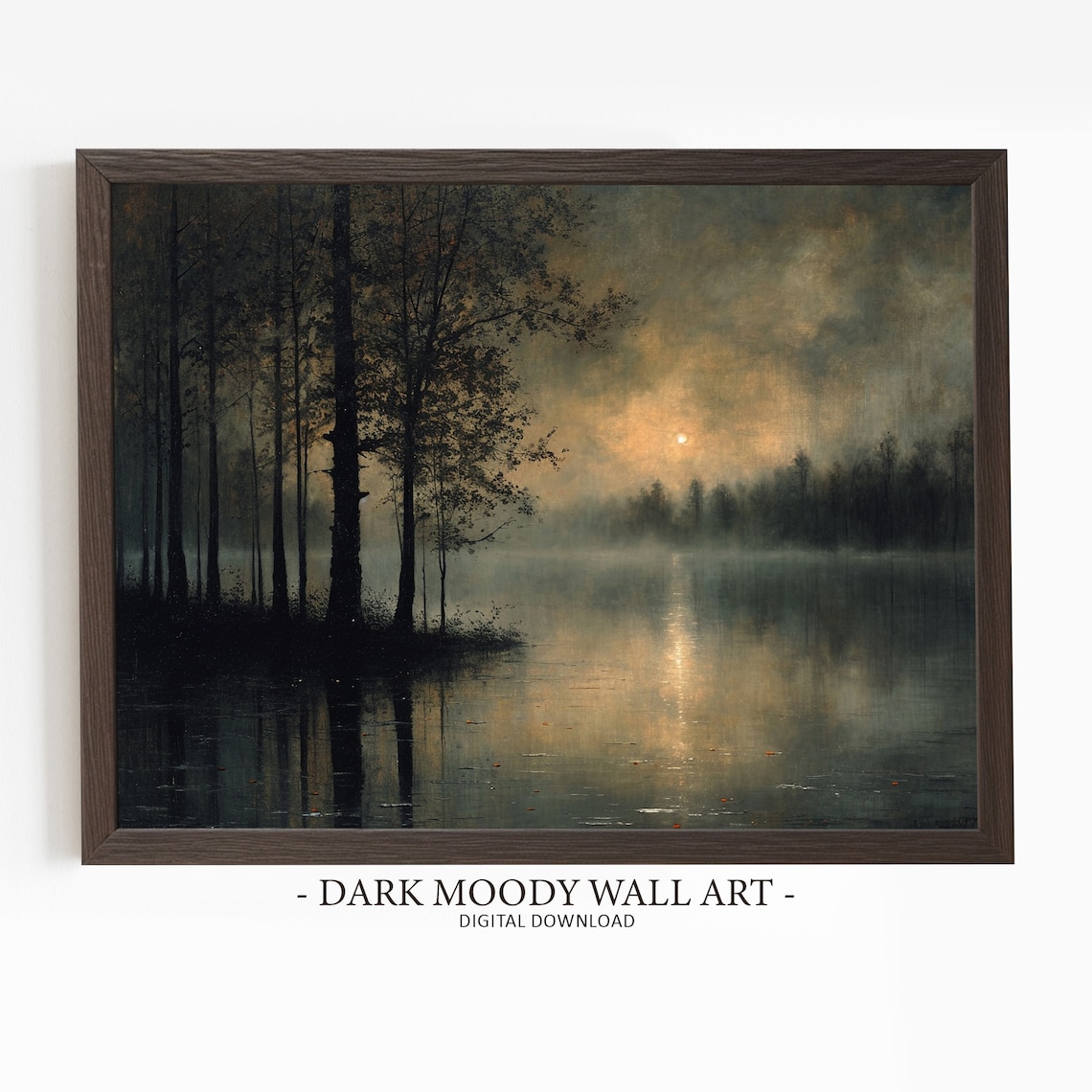 Moody Lake At Dusk Forest Landscape Art Print