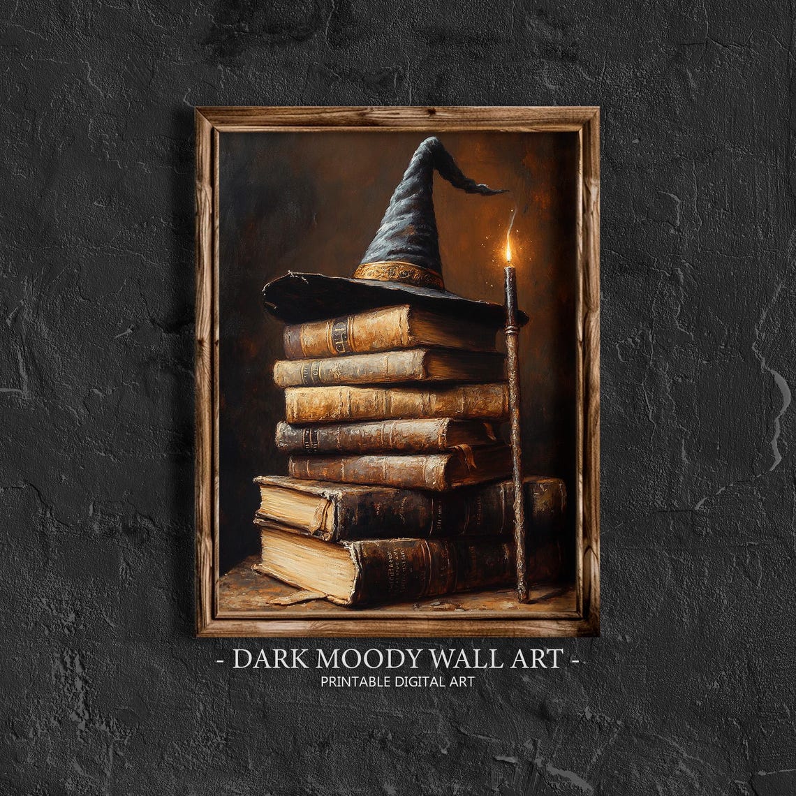 Witch Hat Stacked Books Burning Candle Wand Dark Halloween Poster