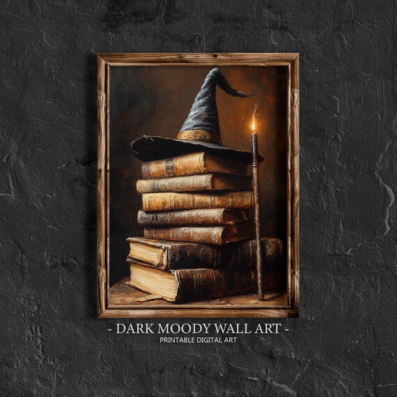 Witch Hat Stacked Books Burning Candle Wand Dark Halloween Poster