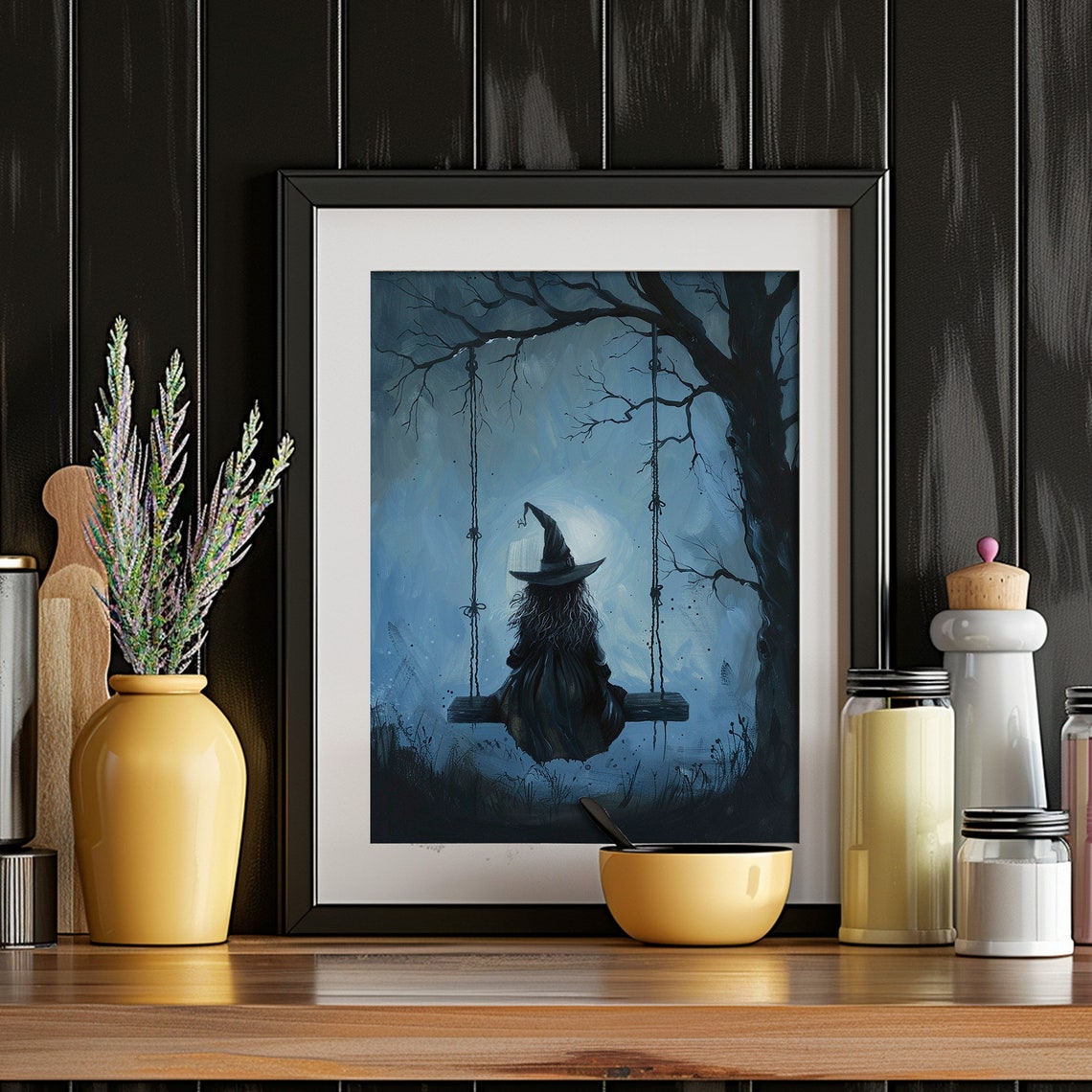 Lonely Witch On Swing Beneath Moonlit Night Gothic Art Print - Image 2