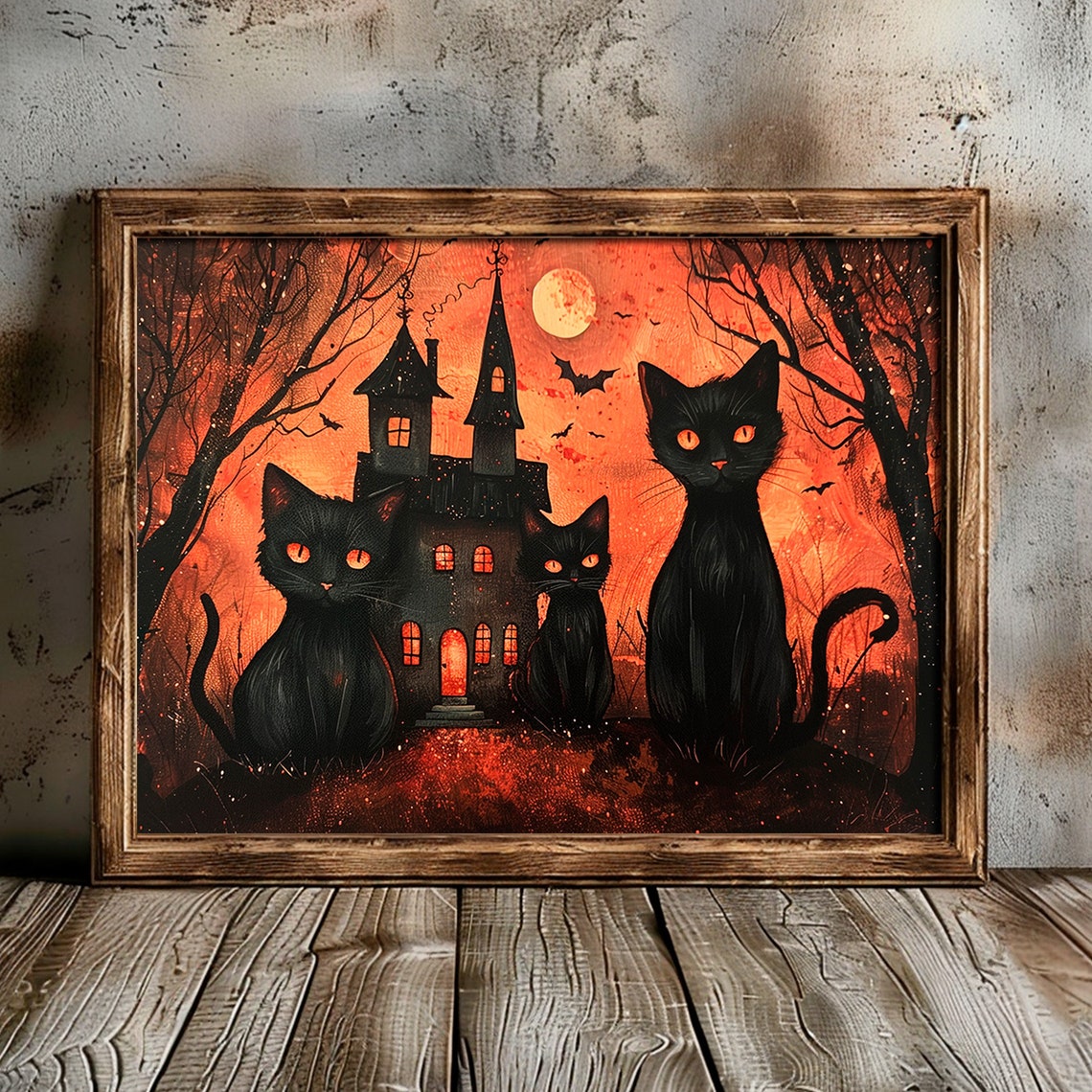 Three Black Cats Haunted House Spooky Halloween Night Scene Poster - Image 4